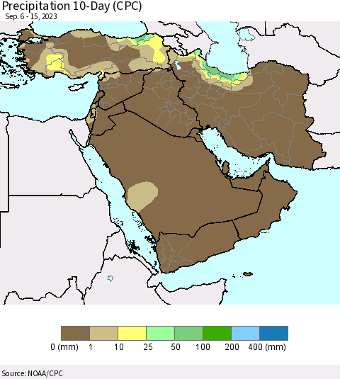Middle East and Turkey Precipitation 10-Day (CPC) Thematic Map For 9/6/2023 - 9/15/2023