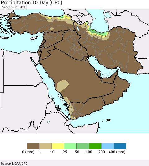 Middle East and Turkey Precipitation 10-Day (CPC) Thematic Map For 9/16/2023 - 9/25/2023