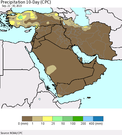 Middle East and Turkey Precipitation 10-Day (CPC) Thematic Map For 9/21/2023 - 9/30/2023