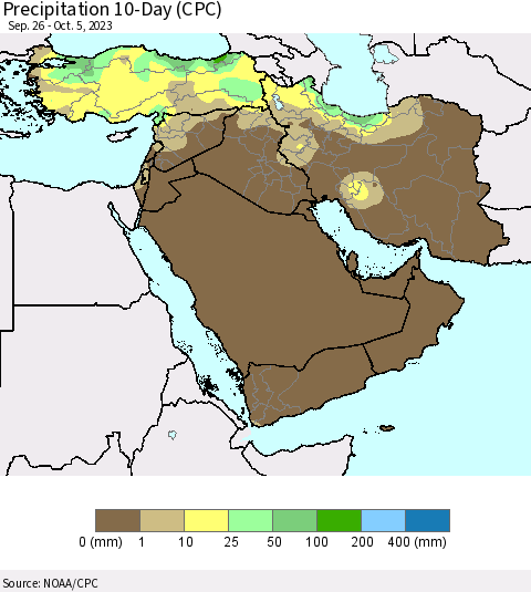 Middle East and Turkey Precipitation 10-Day (CPC) Thematic Map For 9/26/2023 - 10/5/2023