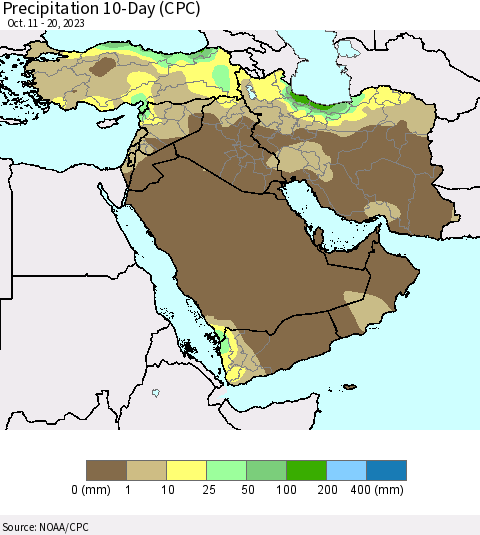 Middle East and Turkey Precipitation 10-Day (CPC) Thematic Map For 10/11/2023 - 10/20/2023