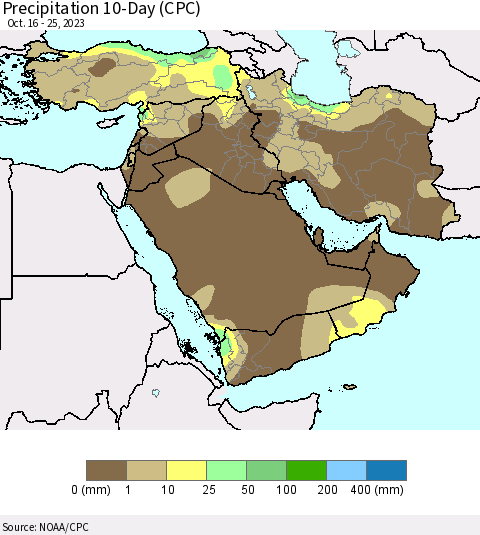 Middle East and Turkey Precipitation 10-Day (CPC) Thematic Map For 10/16/2023 - 10/25/2023