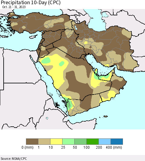 Middle East and Turkey Precipitation 10-Day (CPC) Thematic Map For 10/21/2023 - 10/31/2023