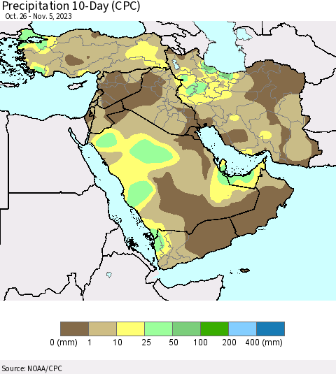 Middle East and Turkey Precipitation 10-Day (CPC) Thematic Map For 10/26/2023 - 11/5/2023