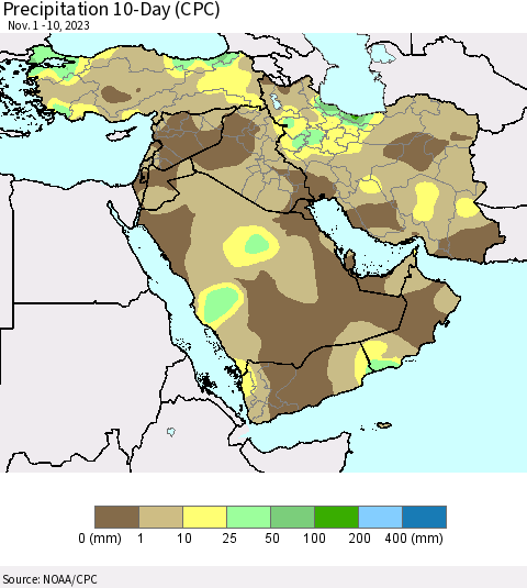 Middle East and Turkey Precipitation 10-Day (CPC) Thematic Map For 11/1/2023 - 11/10/2023
