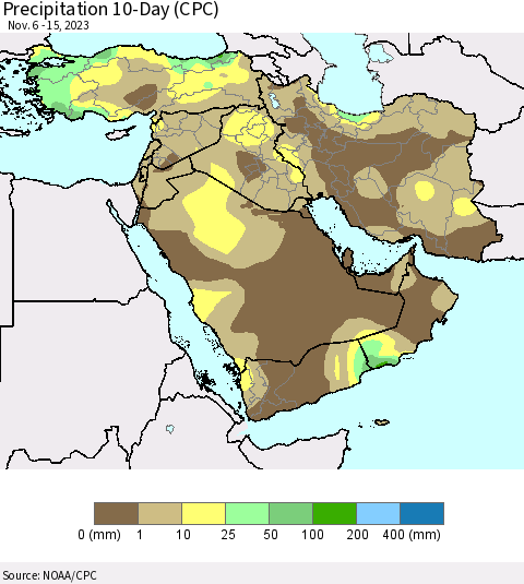 Middle East and Turkey Precipitation 10-Day (CPC) Thematic Map For 11/6/2023 - 11/15/2023