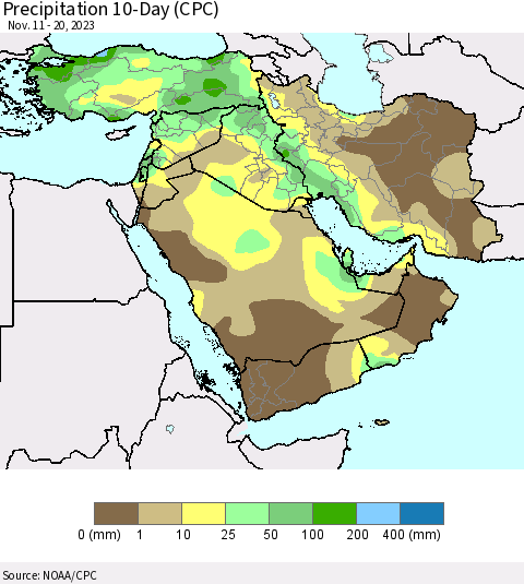 Middle East and Turkey Precipitation 10-Day (CPC) Thematic Map For 11/11/2023 - 11/20/2023