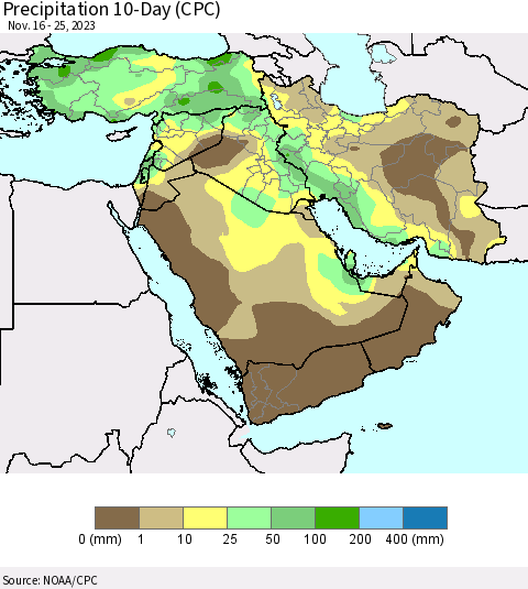 Middle East and Turkey Precipitation 10-Day (CPC) Thematic Map For 11/16/2023 - 11/25/2023