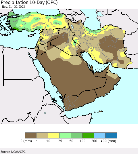 Middle East and Turkey Precipitation 10-Day (CPC) Thematic Map For 11/21/2023 - 11/30/2023