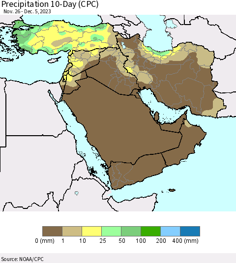 Middle East and Turkey Precipitation 10-Day (CPC) Thematic Map For 11/26/2023 - 12/5/2023
