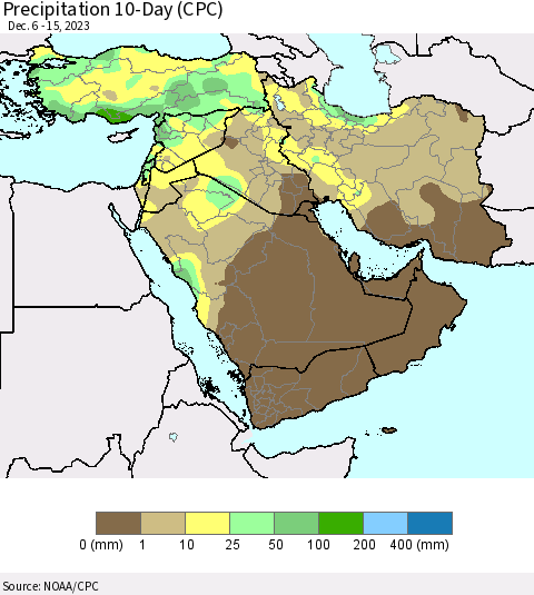 Middle East and Turkey Precipitation 10-Day (CPC) Thematic Map For 12/6/2023 - 12/15/2023