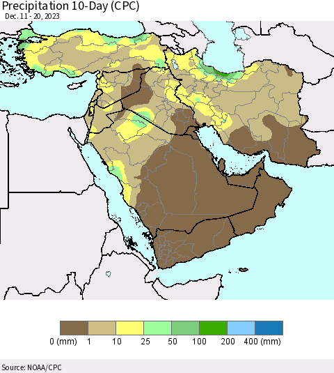 Middle East and Turkey Precipitation 10-Day (CPC) Thematic Map For 12/11/2023 - 12/20/2023