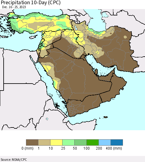 Middle East and Turkey Precipitation 10-Day (CPC) Thematic Map For 12/16/2023 - 12/25/2023