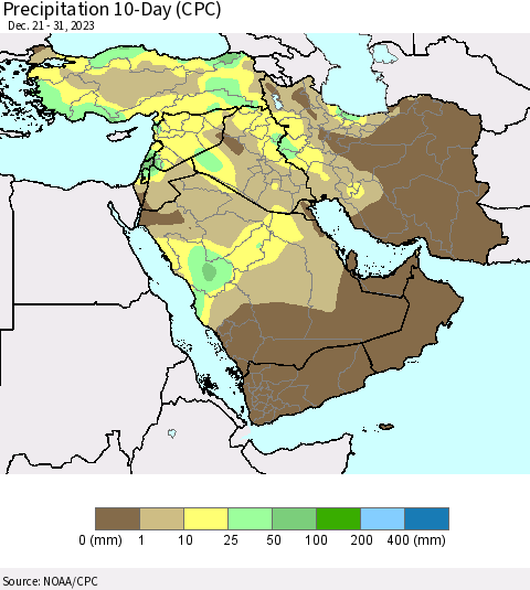 Middle East and Turkey Precipitation 10-Day (CPC) Thematic Map For 12/21/2023 - 12/31/2023