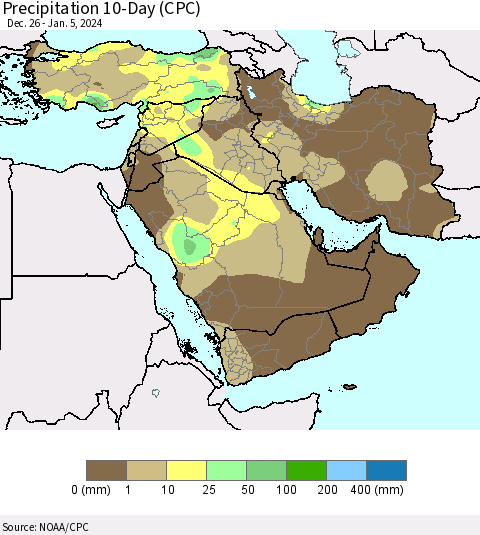 Middle East and Turkey Precipitation 10-Day (CPC) Thematic Map For 12/26/2023 - 1/5/2024