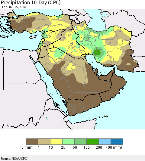 Middle East and Turkey Precipitation 10-Day (CPC) Thematic Map For 2/16/2024 - 2/25/2024