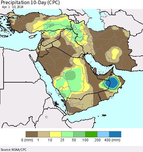 Middle East and Turkey Precipitation 10-Day (CPC) Thematic Map For 4/1/2024 - 4/10/2024