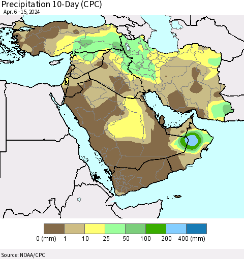 Middle East and Turkey Precipitation 10-Day (CPC) Thematic Map For 4/6/2024 - 4/15/2024