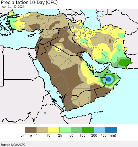 Middle East and Turkey Precipitation 10-Day (CPC) Thematic Map For 4/11/2024 - 4/20/2024