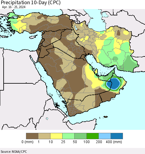 Middle East and Turkey Precipitation 10-Day (CPC) Thematic Map For 4/16/2024 - 4/25/2024