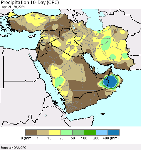 Middle East and Turkey Precipitation 10-Day (CPC) Thematic Map For 4/21/2024 - 4/30/2024