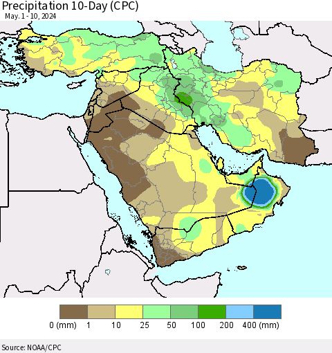Middle East and Turkey Precipitation 10-Day (CPC) Thematic Map For 5/1/2024 - 5/10/2024