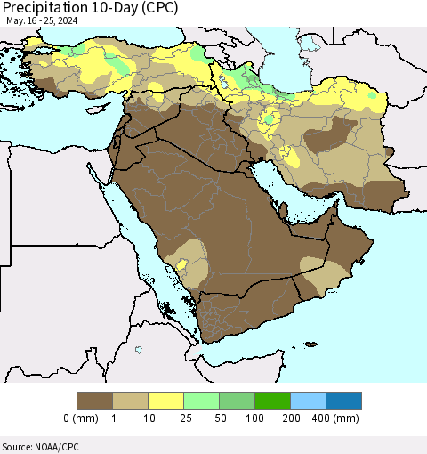 Middle East and Turkey Precipitation 10-Day (CPC) Thematic Map For 5/16/2024 - 5/25/2024