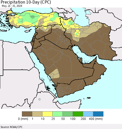 Middle East and Turkey Precipitation 10-Day (CPC) Thematic Map For 5/21/2024 - 5/31/2024