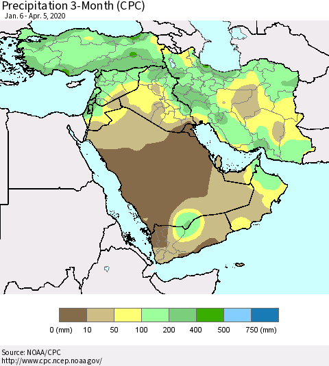 Middle East and Turkey Precipitation 3-Month (CPC) Thematic Map For 1/6/2020 - 4/5/2020