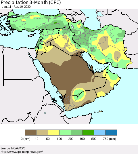 Middle East and Turkey Precipitation 3-Month (CPC) Thematic Map For 1/11/2020 - 4/10/2020