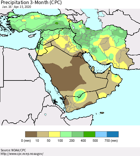 Middle East and Turkey Precipitation 3-Month (CPC) Thematic Map For 1/16/2020 - 4/15/2020