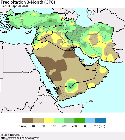 Middle East and Turkey Precipitation 3-Month (CPC) Thematic Map For 1/21/2020 - 4/20/2020