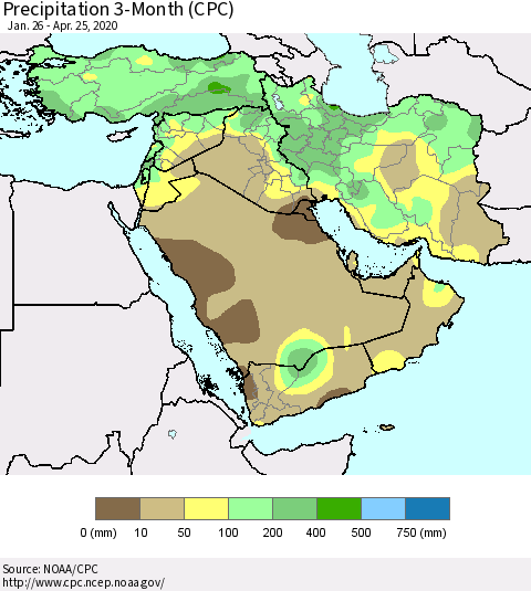 Middle East and Turkey Precipitation 3-Month (CPC) Thematic Map For 1/26/2020 - 4/25/2020