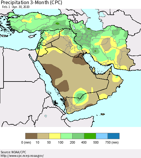 Middle East and Turkey Precipitation 3-Month (CPC) Thematic Map For 2/1/2020 - 4/30/2020