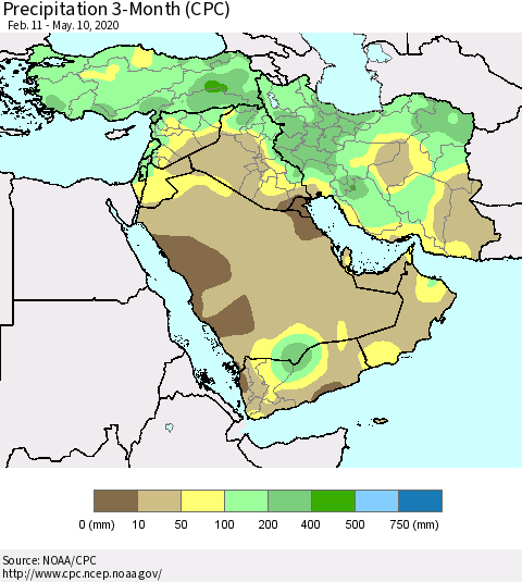 Middle East and Turkey Precipitation 3-Month (CPC) Thematic Map For 2/11/2020 - 5/10/2020