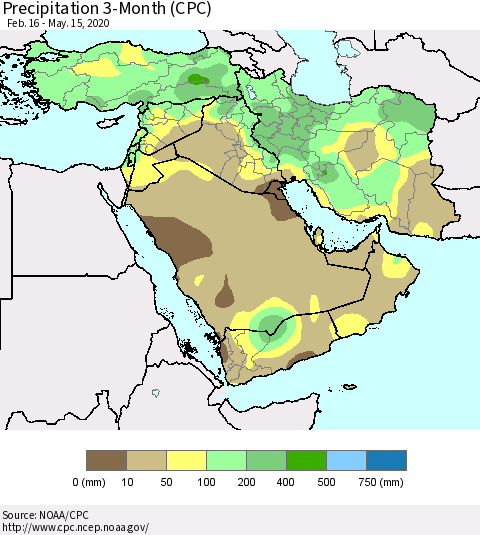 Middle East and Turkey Precipitation 3-Month (CPC) Thematic Map For 2/16/2020 - 5/15/2020