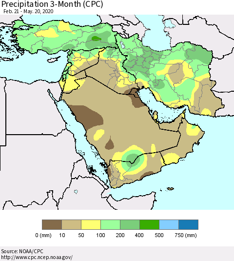 Middle East and Turkey Precipitation 3-Month (CPC) Thematic Map For 2/21/2020 - 5/20/2020