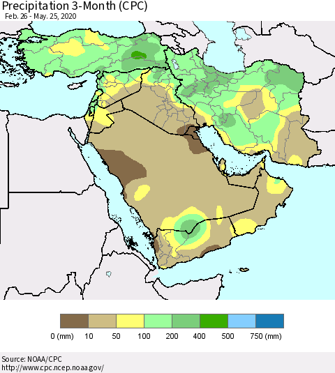 Middle East and Turkey Precipitation 3-Month (CPC) Thematic Map For 2/26/2020 - 5/25/2020
