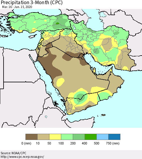 Middle East and Turkey Precipitation 3-Month (CPC) Thematic Map For 3/16/2020 - 6/15/2020