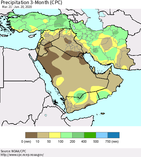 Middle East and Turkey Precipitation 3-Month (CPC) Thematic Map For 3/21/2020 - 6/20/2020