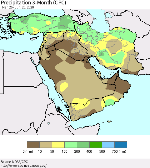 Middle East and Turkey Precipitation 3-Month (CPC) Thematic Map For 3/26/2020 - 6/25/2020