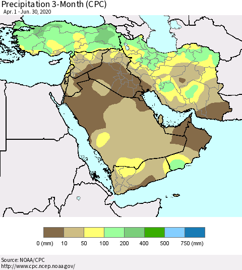 Middle East and Turkey Precipitation 3-Month (CPC) Thematic Map For 4/1/2020 - 6/30/2020