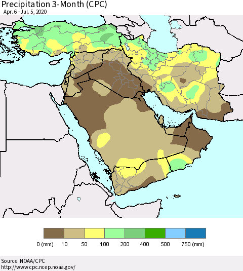 Middle East and Turkey Precipitation 3-Month (CPC) Thematic Map For 4/6/2020 - 7/5/2020