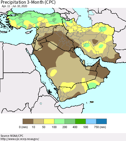 Middle East and Turkey Precipitation 3-Month (CPC) Thematic Map For 4/11/2020 - 7/10/2020