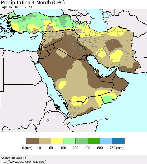 Middle East and Turkey Precipitation 3-Month (CPC) Thematic Map For 4/16/2020 - 7/15/2020