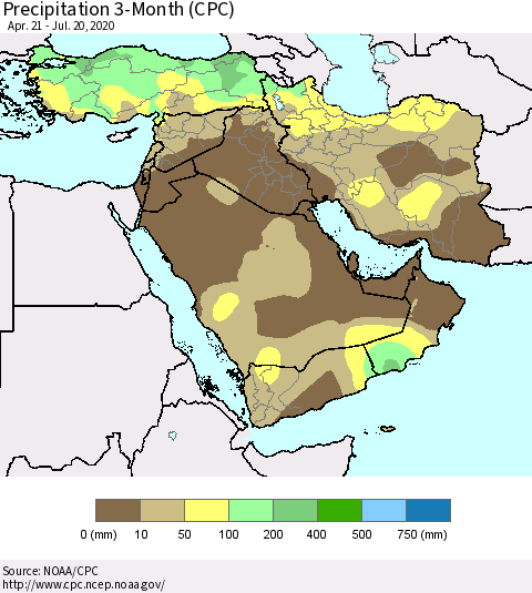 Middle East and Turkey Precipitation 3-Month (CPC) Thematic Map For 4/21/2020 - 7/20/2020