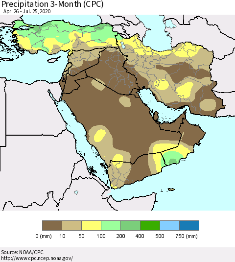Middle East and Turkey Precipitation 3-Month (CPC) Thematic Map For 4/26/2020 - 7/25/2020