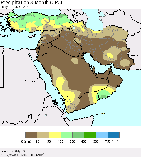 Middle East and Turkey Precipitation 3-Month (CPC) Thematic Map For 5/1/2020 - 7/31/2020