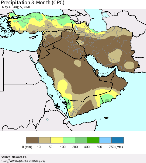 Middle East and Turkey Precipitation 3-Month (CPC) Thematic Map For 5/6/2020 - 8/5/2020