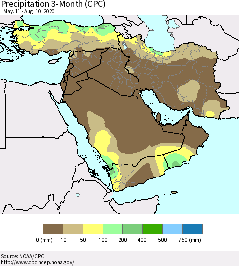 Middle East and Turkey Precipitation 3-Month (CPC) Thematic Map For 5/11/2020 - 8/10/2020